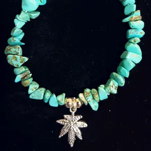 Men's Navajo Handmade Graduated Globe Turquoise Bracelet with Silver Marijuana Leaf Charm