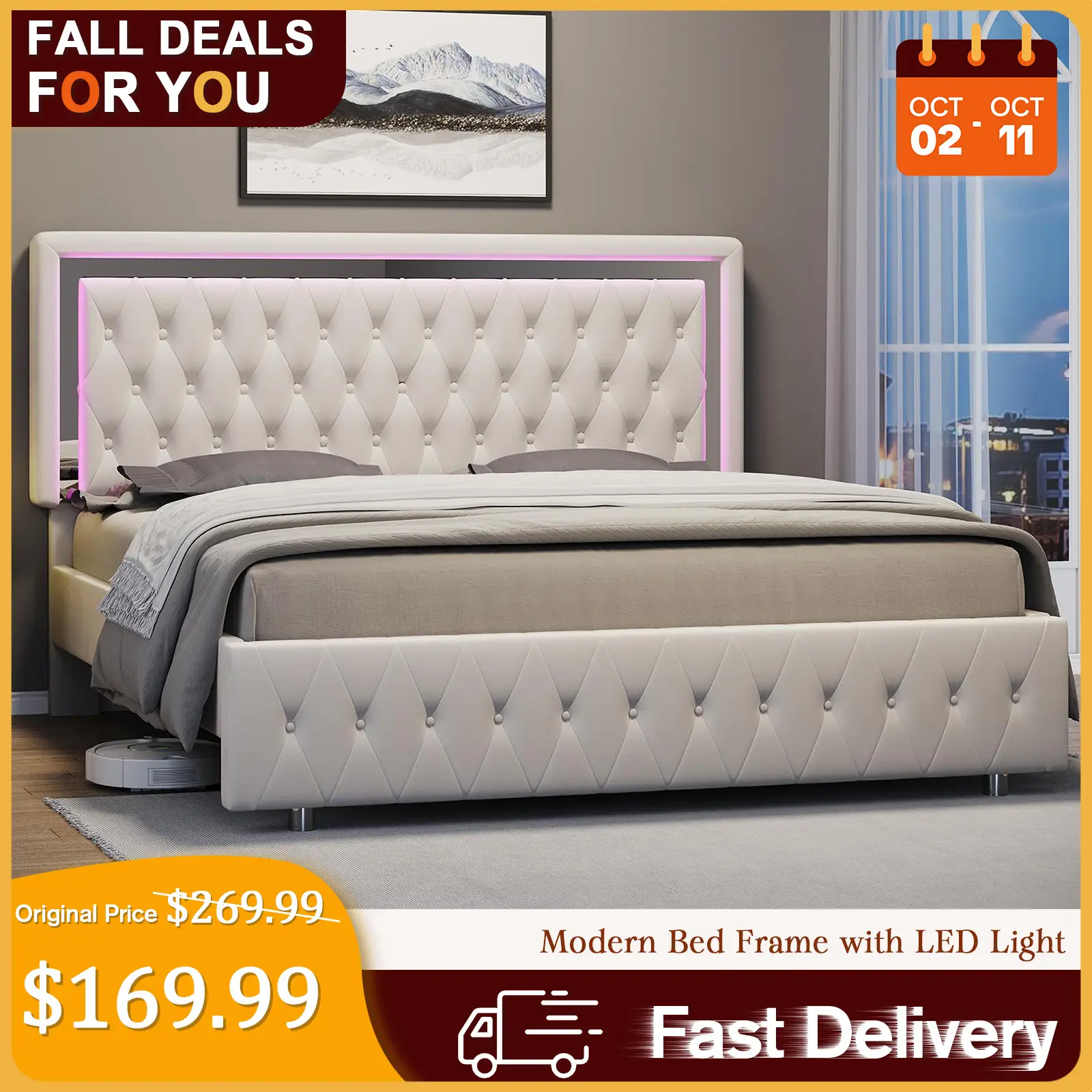 [TikTokShopfalldealsforyou] AMERLIFE Modern Bed Frame with RGB LED Lights, Adjustable Headboard Velvet Button Tufted/Acrylic Mirror Accents/Smart APP&