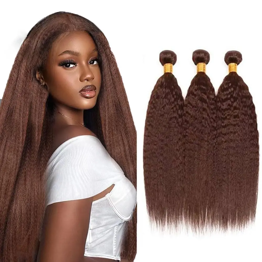 Color #4 Bundles Yaki Straight Bundle Human Hair Brazilian Virgin Hair Chocolate Brown Kinky Straight Bundles Human Hair Extensions