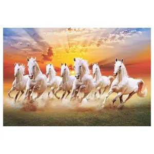Artistic Room Decor - Wooden Framed Seven Lucky Running White Horse Canvas Painting Oil Poster Wall Art Ready to Hang for Elegant Living Space Decoration Ornaments