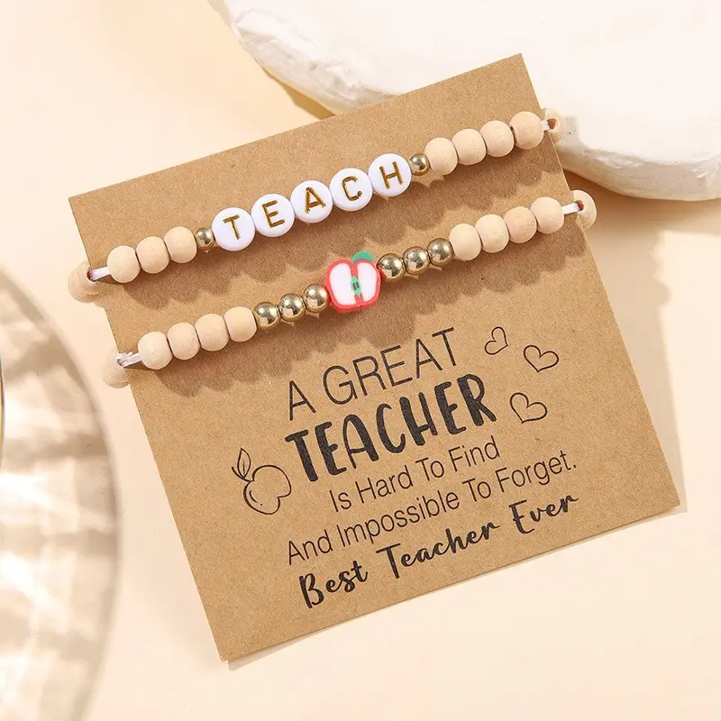 Back to School Teacher Gifts for Women, TEACH Letter and Apple Charm Beaded Bracelet Set with Appreciation Card, First Day of School Classroom Welcome Present and New School Year Gift
