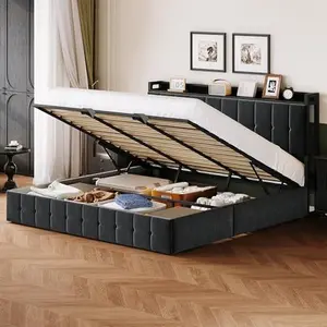 King Bed Frame with Lift Up Storage, Upholstered Velvet Bed with Storage Headboard, Metal Platform Bed, Hydraulic Support, No Box Spring Needed, Black