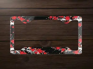 Japanese Sakura Cherry Blossom Flower Dark Witchy Woodsy Black/White and Red Nature Pattern Vehicle Accessories Car License Frame