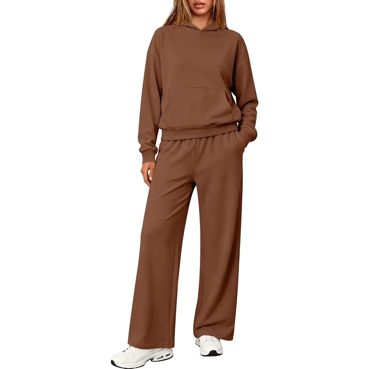 ANRABESS Womens 2 Piece Fleece Lined Sweatsuit Sets | Cozy Hoodie & Wide Leg Sweatpants with Pockets, Comfy Matching Lounge Outfit, 2026 Fall Travel Airport Workout Wear