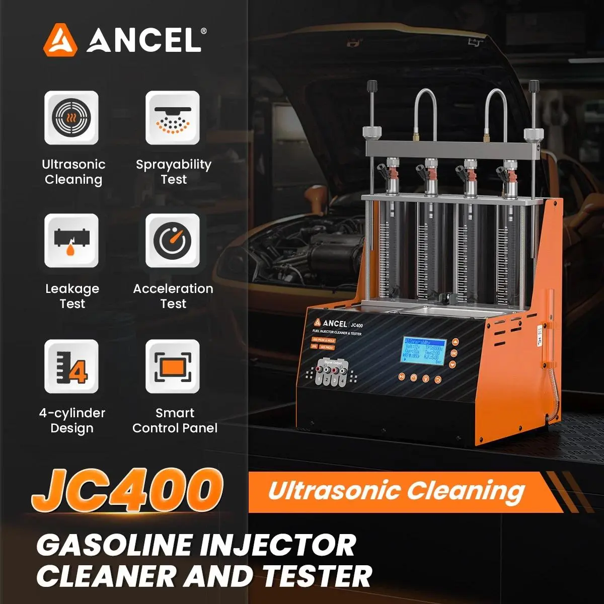 【Upgrade ANCEL JC200】ANCEL JC400 GDI Piezo Fuel Injector Cleaner Tester | ULTRASONIC CLEANING | with Ultrasonic Cleaning, Injector Cleaning Machine for Cars & Motorcycles Vehicle Diagnostic Tool