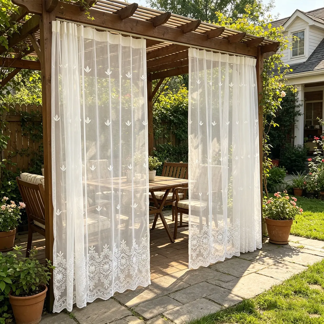 1panels European Clover Embroidered Outdoor Curtain, Classic Romantic Floral Lace, Sun Filter Hooked Window Curtain, Net Curtains, Home Decorative Curtain, Ideal for Patios and Balconies, Curtain with Hooks, Home Decoration Curtain