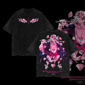 Anime Graphic T-Shirt — Black Vintage Distressed Style with Pink Crystal Motif — Oversized Loose-Fit Short Sleeve — Unisex — Streetwear Top