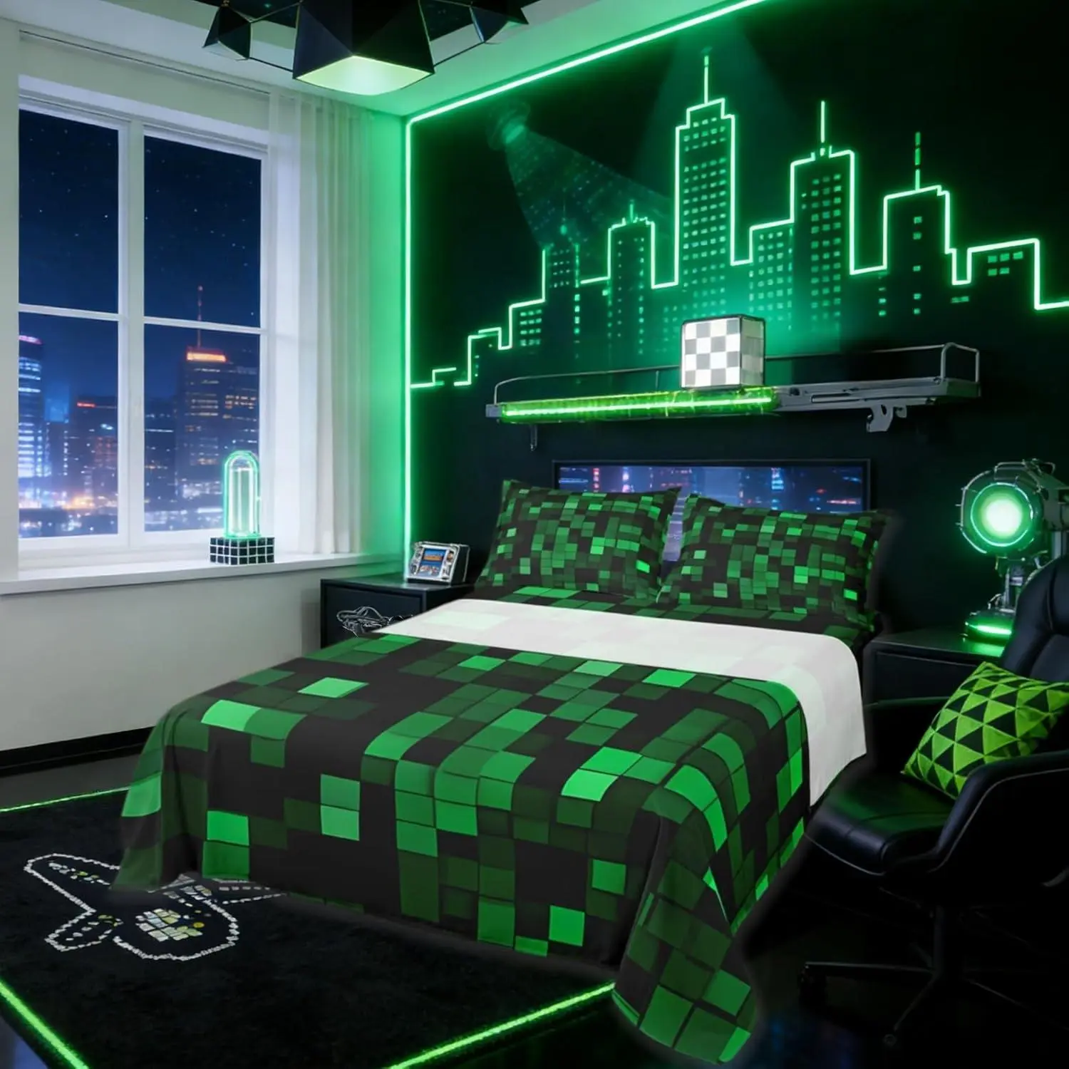 Pixelated Miners Gamer Kids Sheet,Geometric Check Video Games Bedding Set,Gamepad Camo Grid Boys Girls Room Decor,Black Green Sheet(Fitted+ Flat Sheet)