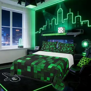 Pixelated Miners Gamer Kids Sheet,Geometric Check Video Games Bedding Set,Gamepad Camo Grid Boys Girls Room Decor,Black Green Sheet(Fitted+ Flat Sheet)
