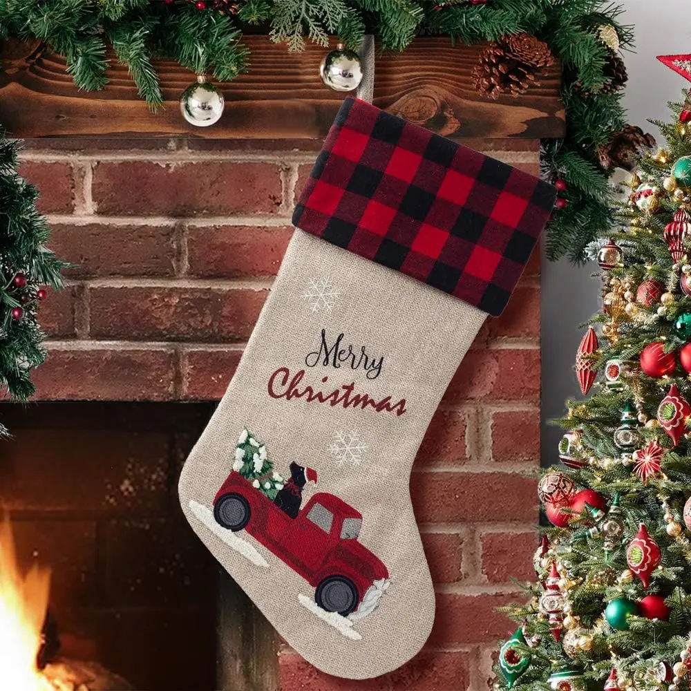 XAMSHOR Burlap Christmas Stockings 21 Inch Embroidered Linen with Red and Black Buffalo Plaid Cuff for Gift Holders Holiday Decorations XAMSHOR