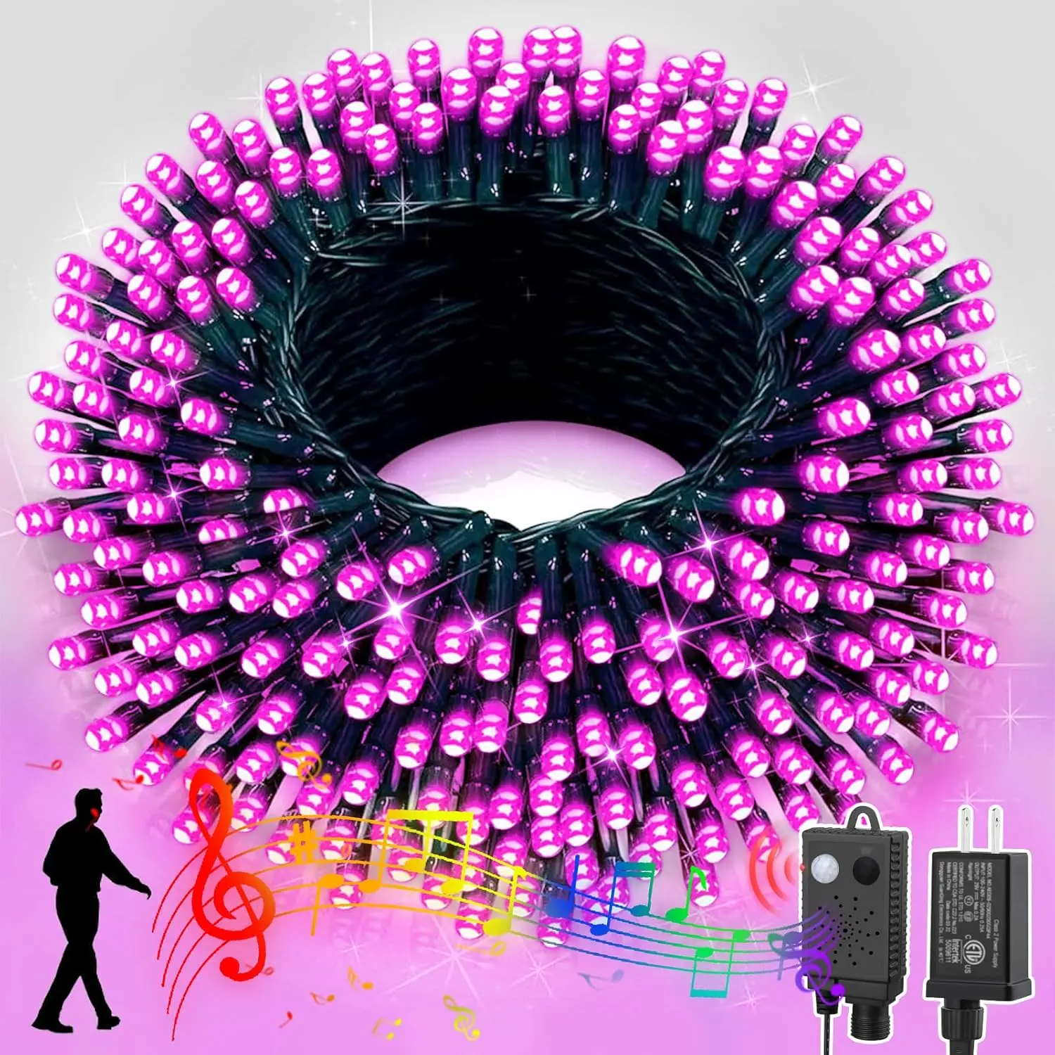 LAMPHOME 66ft Christmas Mini Lights with Music Motion Sensor Controller,200 LED Fairy Starry String Light Plug in for Indoor Outdoor Xmas Tree Wedding Party Decoration (Pink)