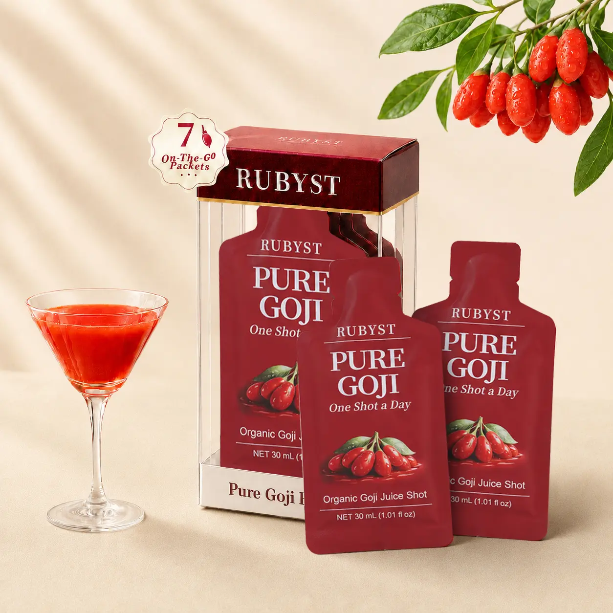 RUBYST Organic Goji Juice Shots, 7 Pack, Made from 100+ Fresh Goji Berries Per Shot, No Added Sugar, Non-GMO, Zhongning, Ningxia Goji