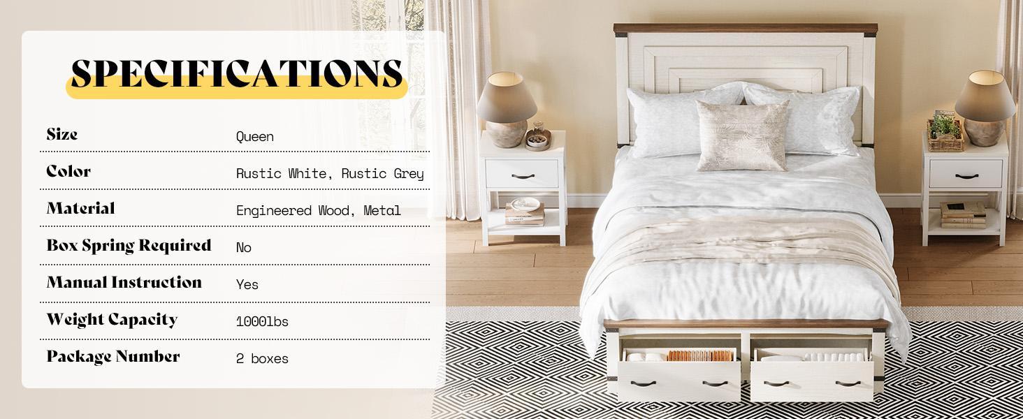 [Spring Sale] AMERLIFE Farmhouse Bed Frame with 54" Tall Geometric Headboard & Footboard, Rustic Wood Platform Bed Frame with Large Storage Drawers, Wood Slats Support, No Box Spring Needed