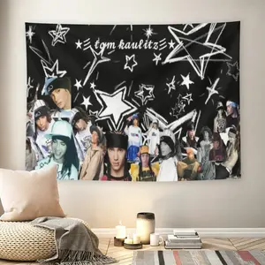 Tom Kaulitz Tokio Hotel Star Collage Wall Flag, Black White Y2K Emo Aesthetic Tapestry, Mid-century Modern Grunge Room Decor for Adult Fans, Rock Band Nostalgia Print Wall Hanging