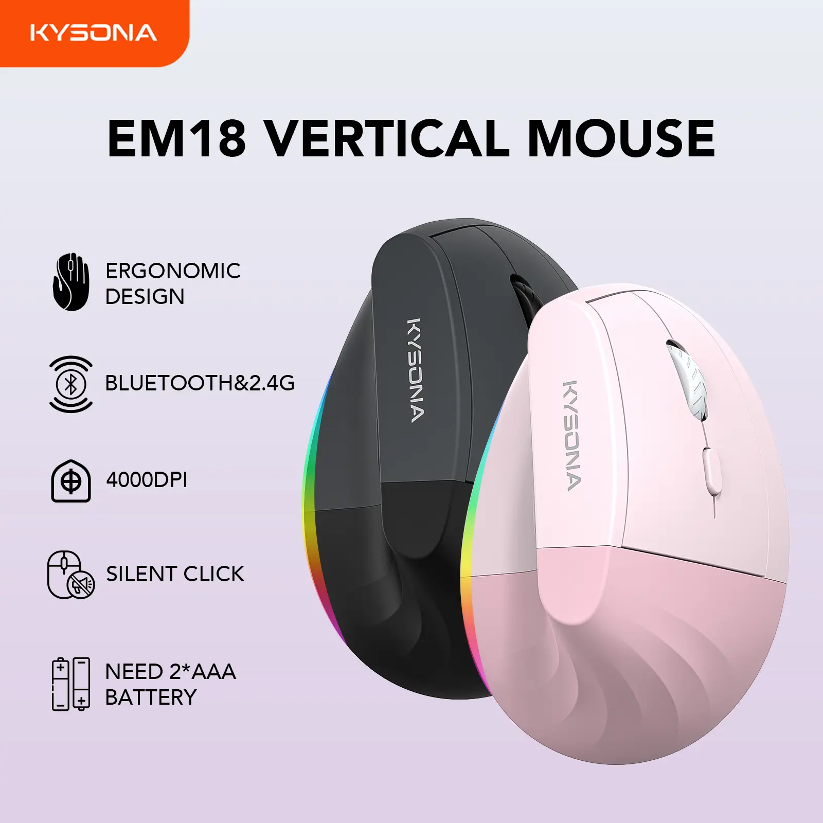 Kysona Wireless Ergonomic Vertical Mouse, 2.4G Bluetooth Rechargeable Ergo Silent Mice for Medium/Large Hands, 5 Level Adjustable DPI(Up to 4000), Reduce Wrist Strain, Long Battery Life Computer Gaming Mouse for PC/Windows/Laptop