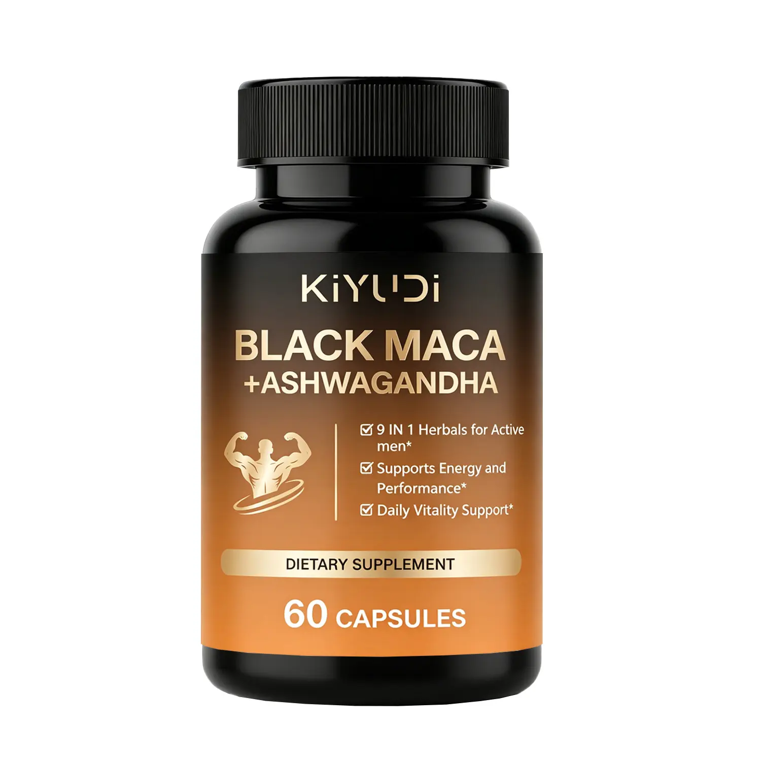 KIYUDI Black Maca & Ashwagandha Capsules, 9-in-1 Blend with Tongkat Ali, L-Arginine, Zinc & Vitamin B6, Daily Vitality Support, 60 Count