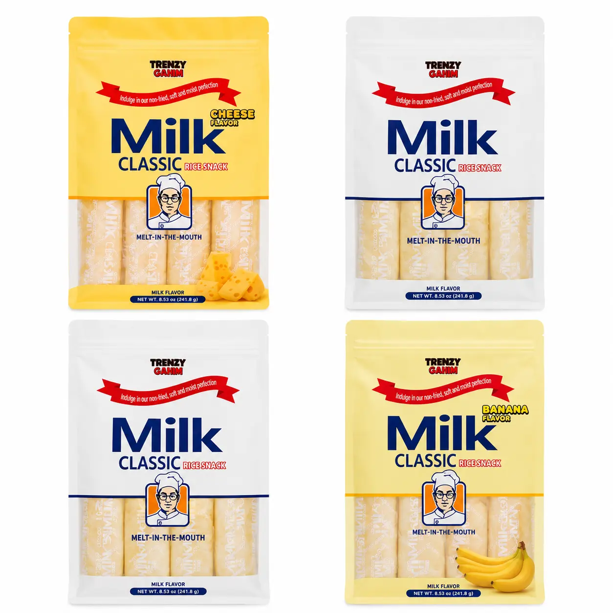 4 pack Milk Classic Rice Snack | Original, Cheese & Banana Flavor | Milk Rice Crackers Crispy Baked Snack