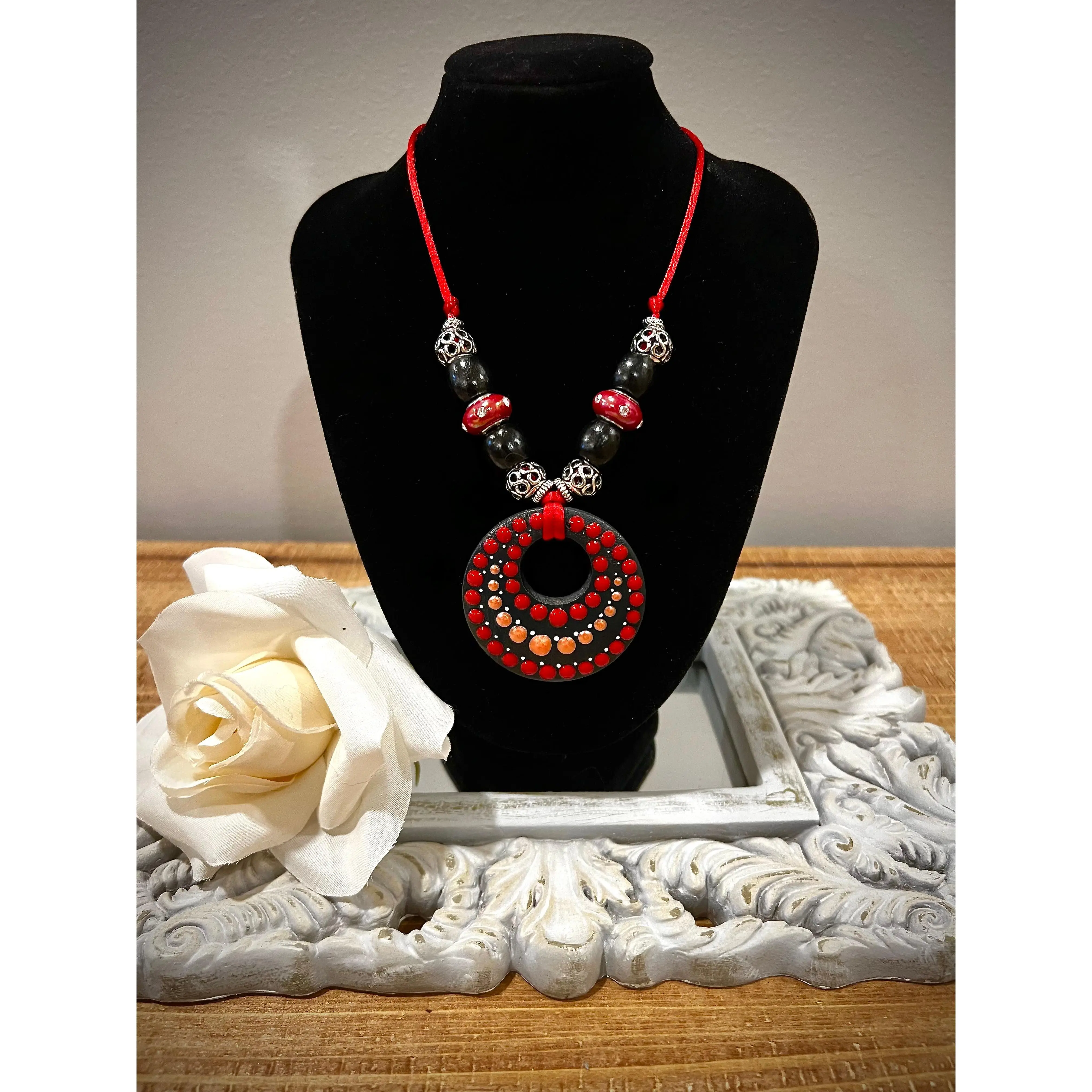 Custom Mandala Necklace: Red & Black with Silver Filigree