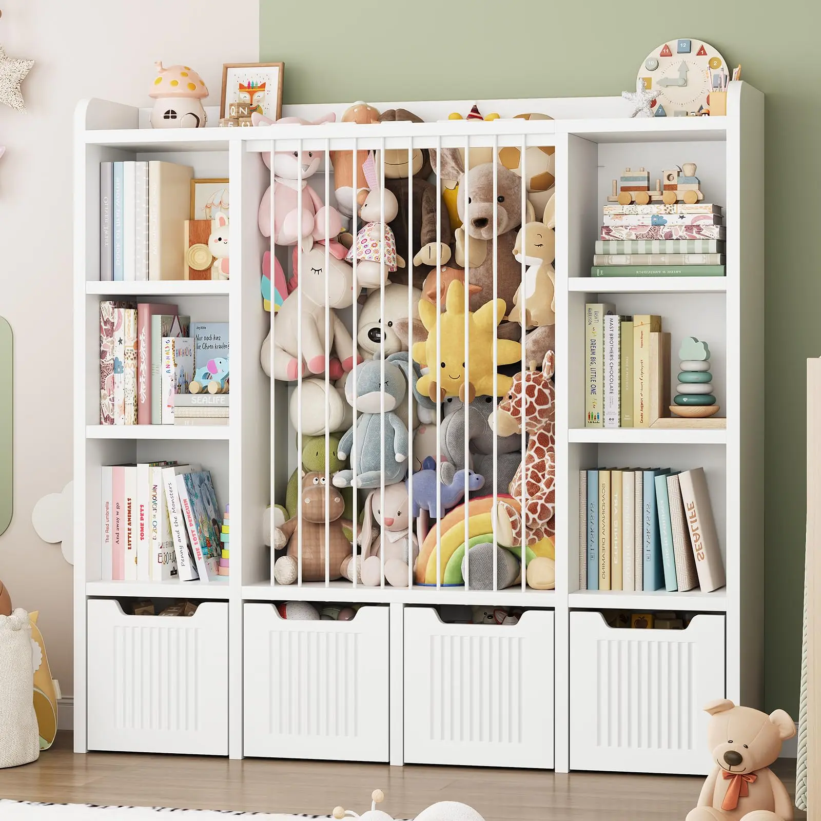 【Up to 40 Dolls】ONBRILL Toy Storage Organizer, Toddler Stuffed Animal Storage, Kids Toy Shelf with 6 Open Cubbies & 4 Movable Toy Chest, Bookshelf for Kids Room Playroom Bedroom Nursery