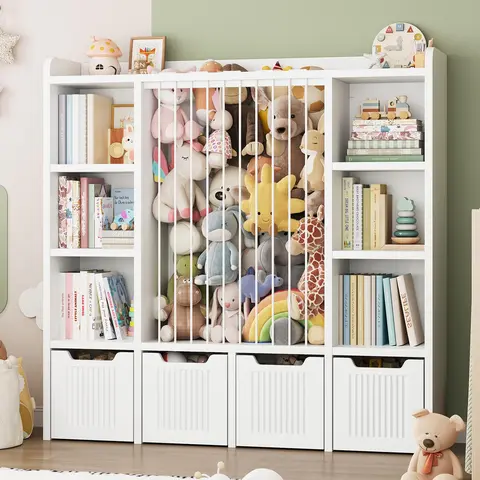 【Up to 40 Dolls】ONBRILL Toy Storage Organizer, Toddler Stuffed Animal Storage, Kids Toy Shelf with 6 Open Cubbies & 4 Movable Toy Chest, Bookshelf for Kids Room Playroom Bedroom Nursery
