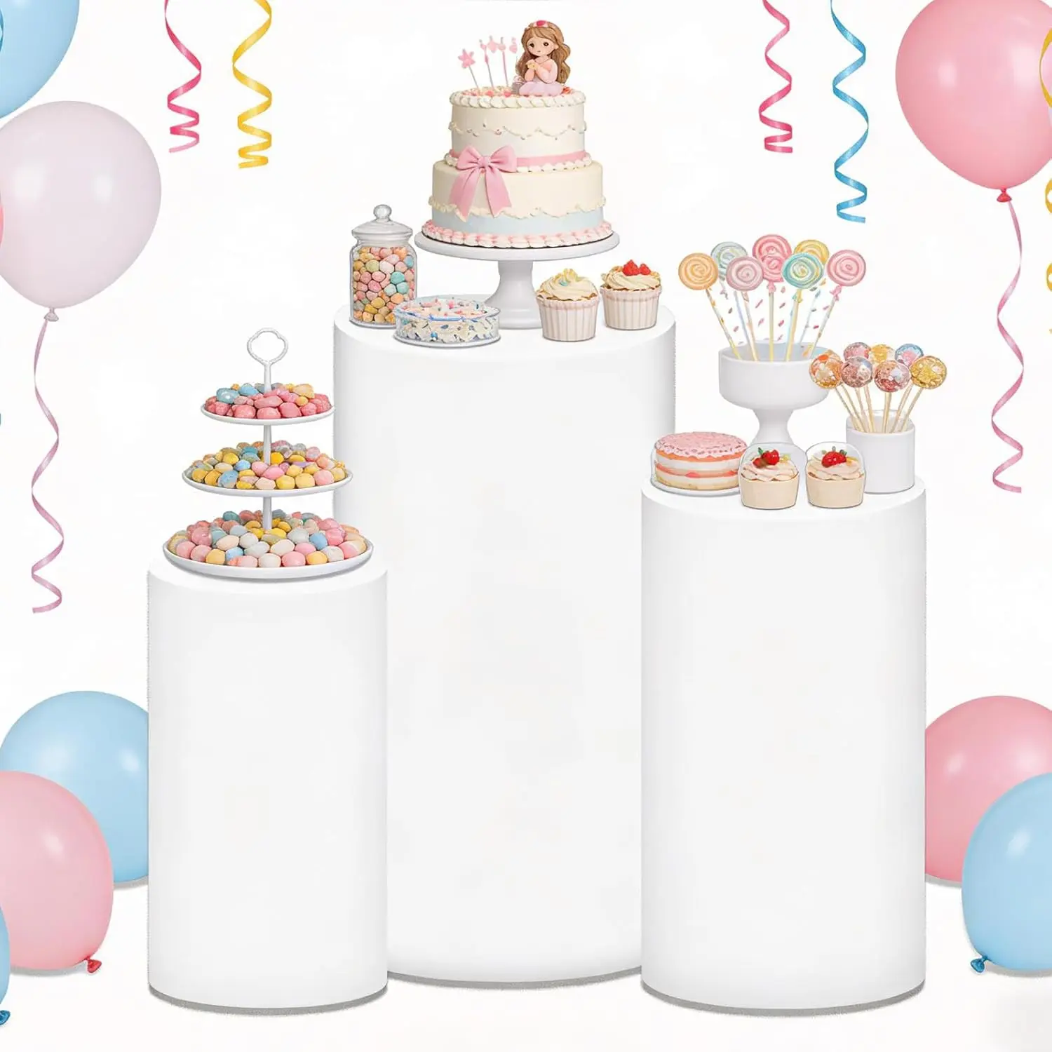 3-Piece White Spandex Elastic Cylinder Pedestal Covers, Party Wedding Ceremony Dessert Table Round Plinth Display Stand Decoration for Home & Festive Supplies
