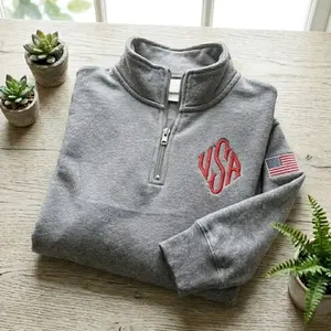 Initials Monogram Embroidered Quarter Zip Sweatshirt with USA Flag on Right Sleeve, Unisex Pullover Minimalist, Idea Mothers Fathers Day Gift