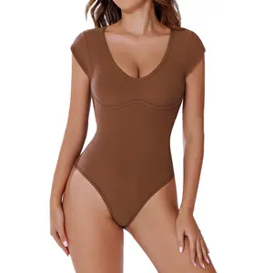 Avidl Women's Bodysuit Cap Short Sleeve Tops - Sexy Plunge U Neckline Thong Cut Bottom 75% Nylon 25% Spandex Soft Lightweight Breathable Stretchy for Daily Wear Party Dating Night Out