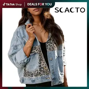 Scacto 2026 Spring-Summer Women's Clothing Collared Denim Jacket -  Long Sleeves, Fitted, Leopard Patch, Button Closure, Short Streetwear Top, Cool Casual Outdoor Daily Outerwear, Women's Streetwear Style