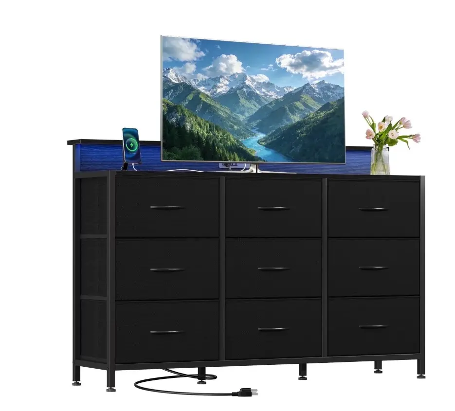 9-Drawer Fabric Dresser TV Stand, Multifunctional Storage Cabinet with Power Outlets & LED Light, Black