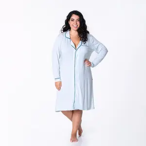 Women's Long Sleeve Button-Down Nightgown in Fresh Air with Deep Sea