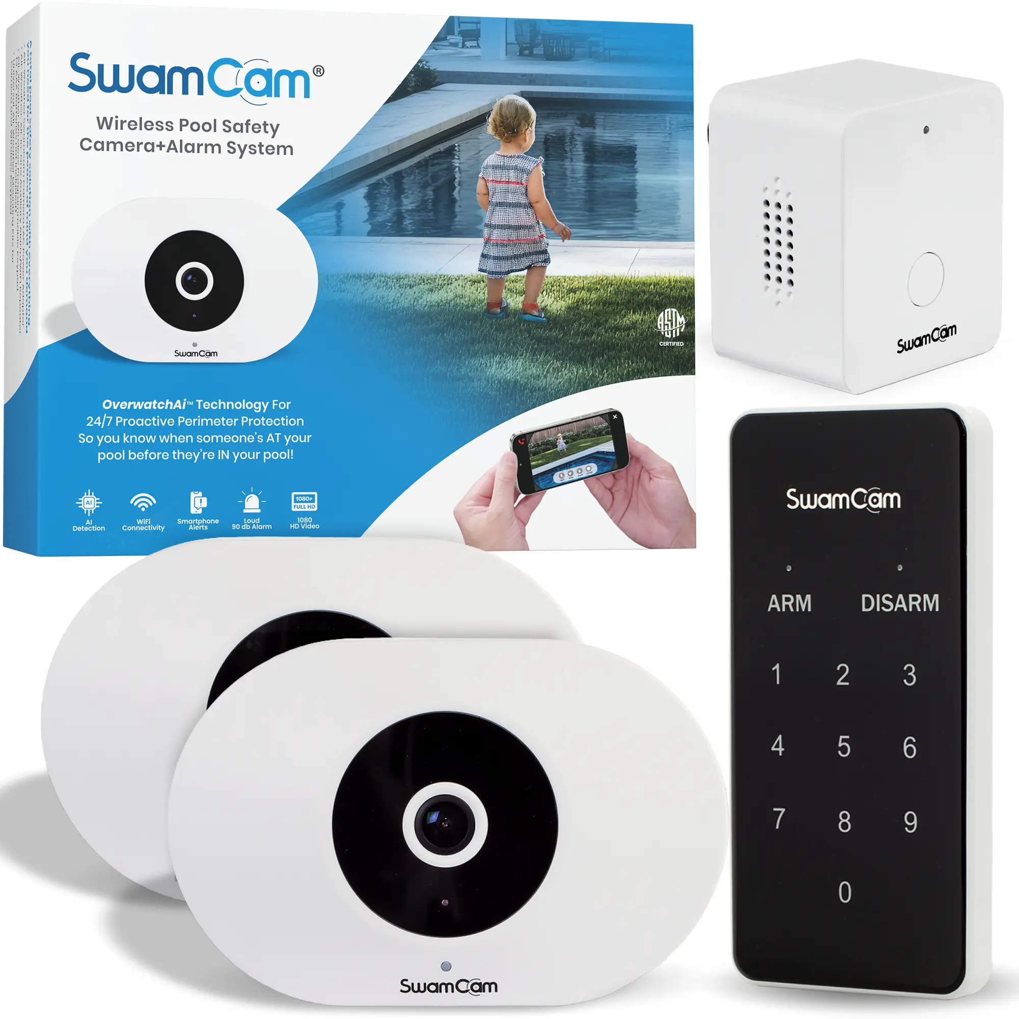 SwamCam Pool Alarm Dual Wi-Fi Camera System ASTM F2208 Certified Smart Pool Safety System for Inground & Above Ground Pools Real-Time Alerts, Live View, with Wi-Fi Repeater
