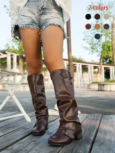 Faux Leather Low Heel Boots, Casual Belted Knee High Boots, Round Toe Rubber Sole, Fall & Winter Style, Pull On Boots