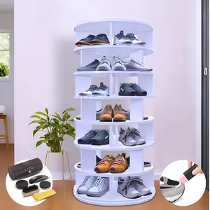 8 Tier Rotating Shoe Rack Tower - Store up to 45 Pair of Shoes - Wooden - Sturdy Lazy Susan Design - Smooth Rotation - Shoe Care Kit included