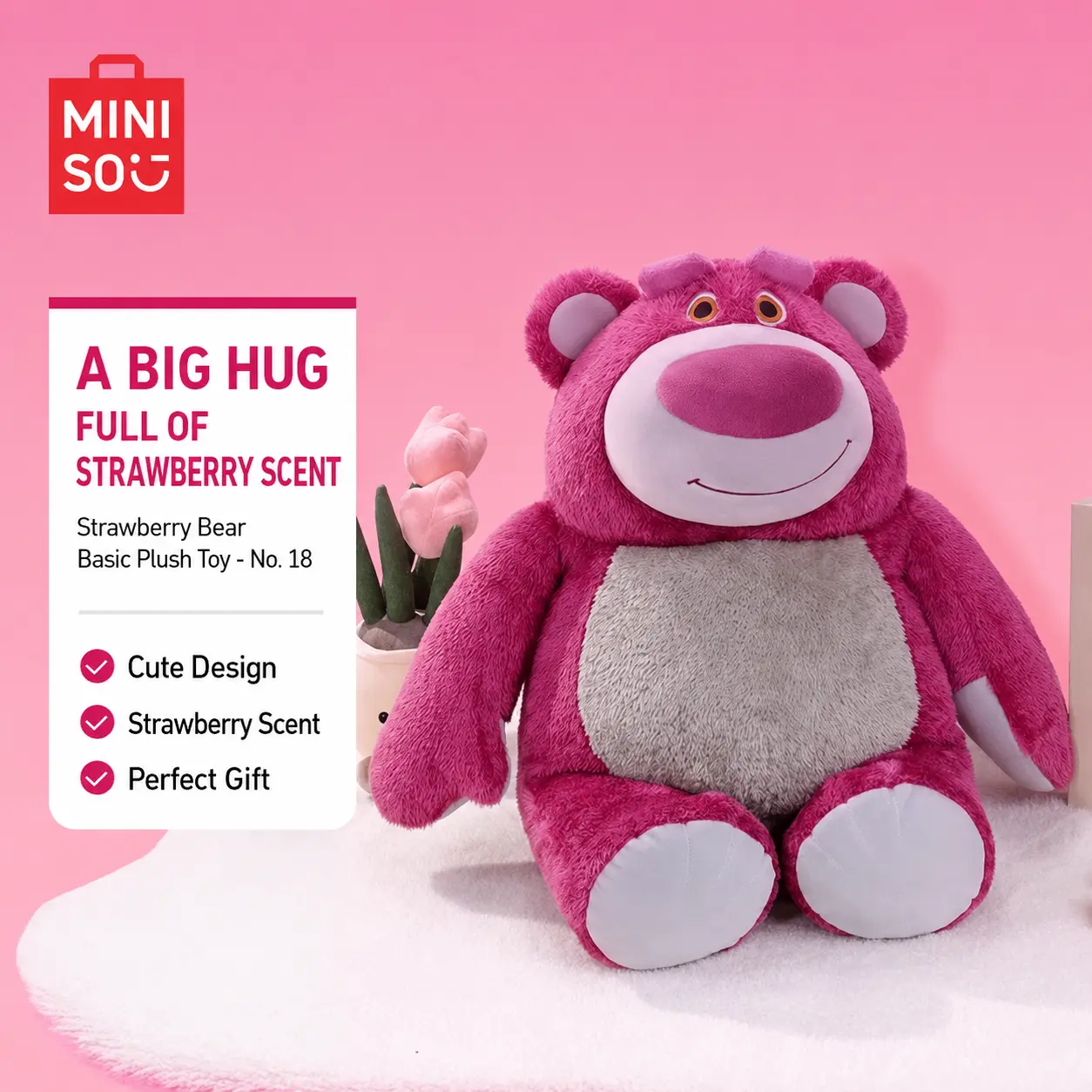 Disney Pixar Toy Story Lotso Strawberry Scented Large Plush, Super Soft Sitting Bear 40cm Stuffed Animal, MINISO Cuddly Plushie Gift for Fans All Ages