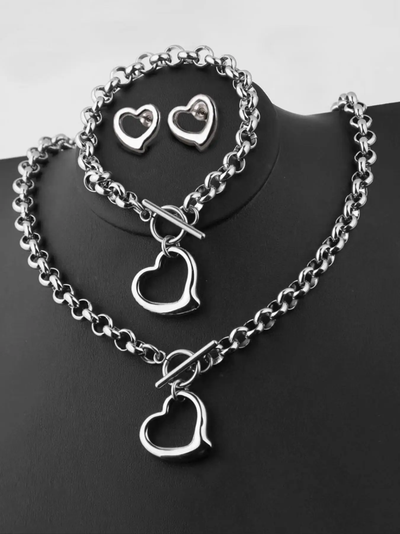 Stainless Steel Heart Design Chain Link Jewelry Sets, Necklace Bracelet Earrings, Chunky Chain for Holiday Gifts for Girlfriends