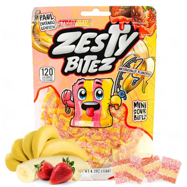 Zesty Bitez Sour Candy Strips Bites – Sour Belts with Intense Tangy Fruity Flavor (1 Pack, Strawnana)
