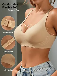 Women's Wireless Jelly Bra, Deep V Design, Medium Support, Three-Quarter Cup, Casual Fitted Lined Underwear, All Seasons Wear