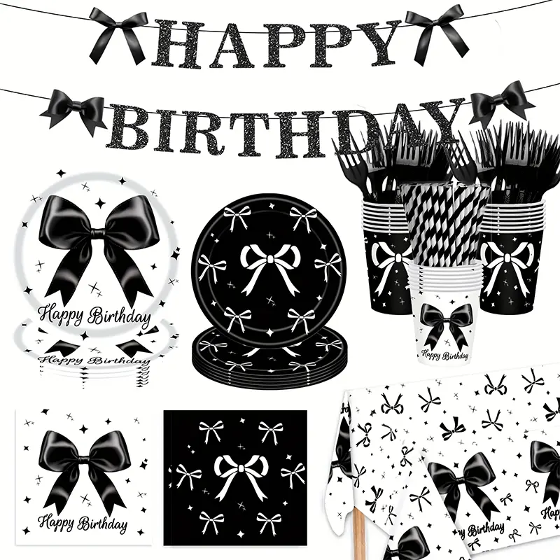 146-Piece Black Coquette Bow Themed Disposable Party Supplies Set - Elegant Tableware (Plates, Cups, Napkins, Cutlery, Straws), Banner, Tablecloth for Happy Birthday, Black & White Home Festive Decor, 146Pcs, All-In-One Kit