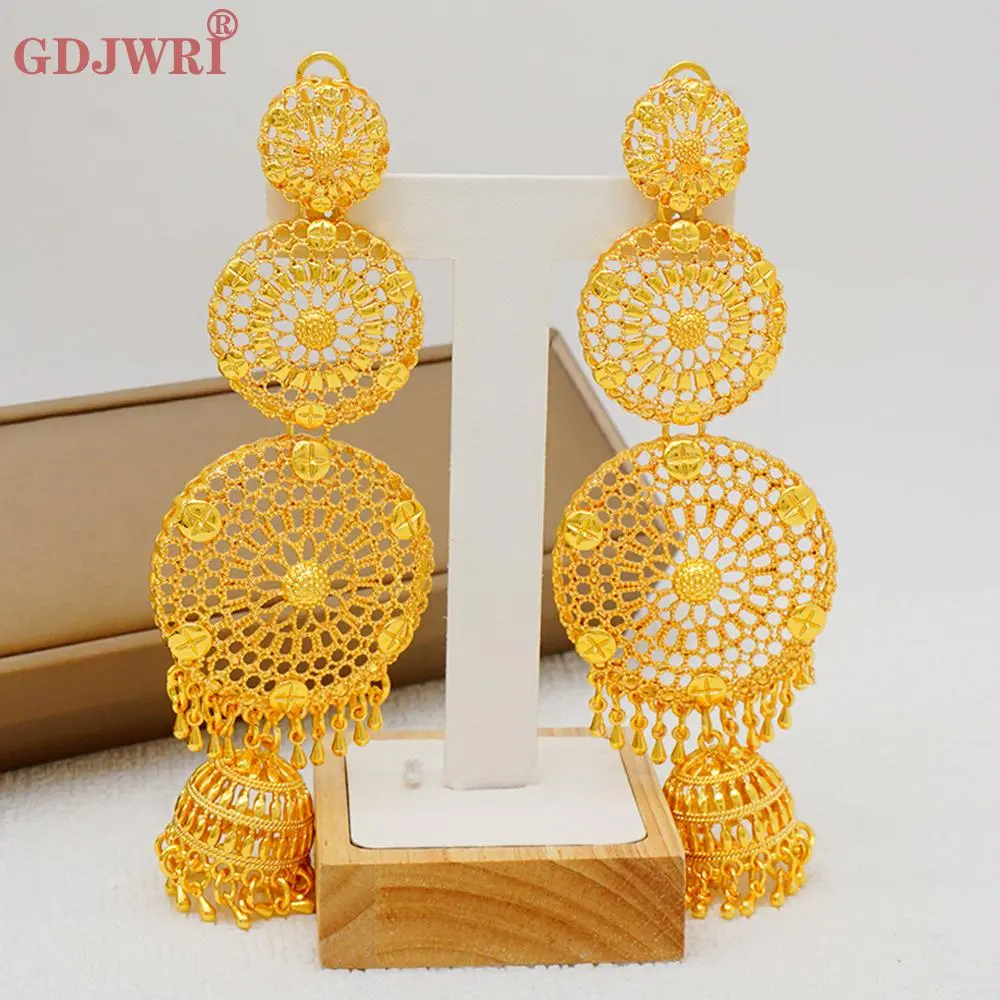Women's Nigerian Big Drop Earrings - Dubai Gold Color Copper Long Tassels, Colorful Ethnic Ethiopian Costume Jewelry, Female Wedding Party Gift