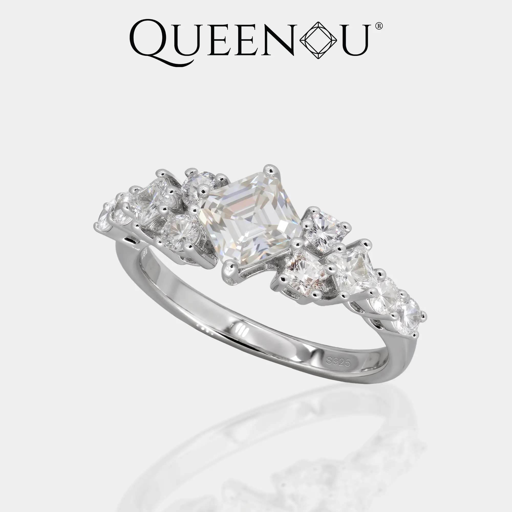 【977】New Year Promo Elaborate 1CT Square Synthetic Moissanite Ring | Asgar Cut with Sparkling Graduated Zirconia Sides | Geometric Ring