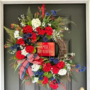 Patriotic Begonia Wreath, 18-Inch Blue Door Decor, American Flag Bow, Independence Day Wreath, Perfect for Celebrations
