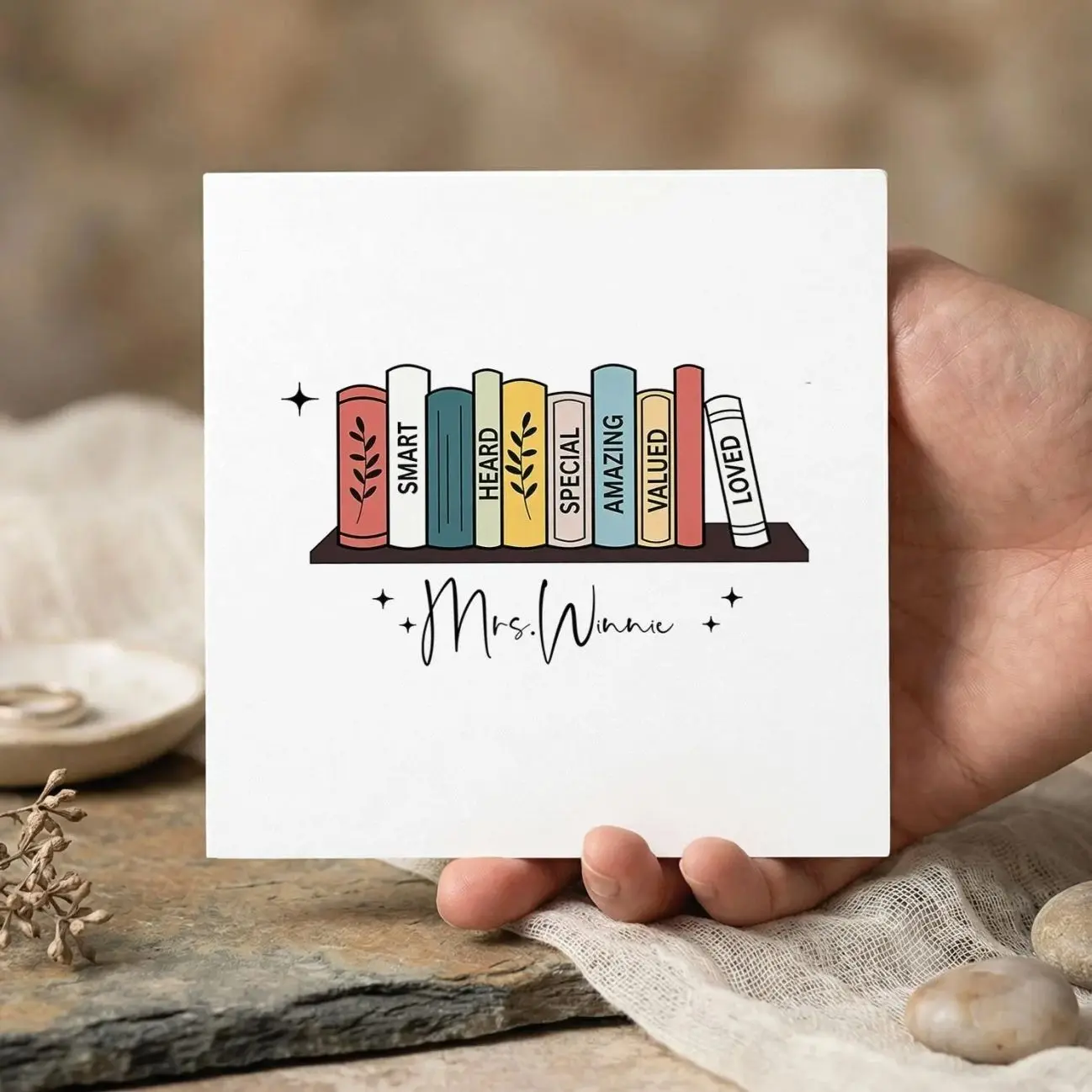 Personalized Teacher Thank You Card | Custom Name Book Shelf Appreciation Card | End of Year Teacher Gift Card