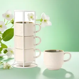 Large Ceramic Coffee Mug Set of 4 with Stand, 15 Oz Stackable Different Embossment Ribbed Latte Cup Set for Cappuccino, Tea, Hot Cocoa, Drinks - Dishwasher & Microwave Safe, White & Green