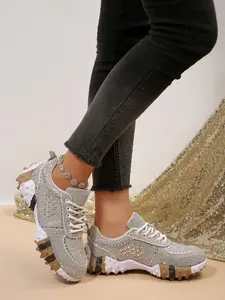Women's Rhinestone Checkered Dad Shoes, Thick Sole Height Boost Anti-Slip, Casual Sporty Footwear, All-Season Textile Rubber Soles