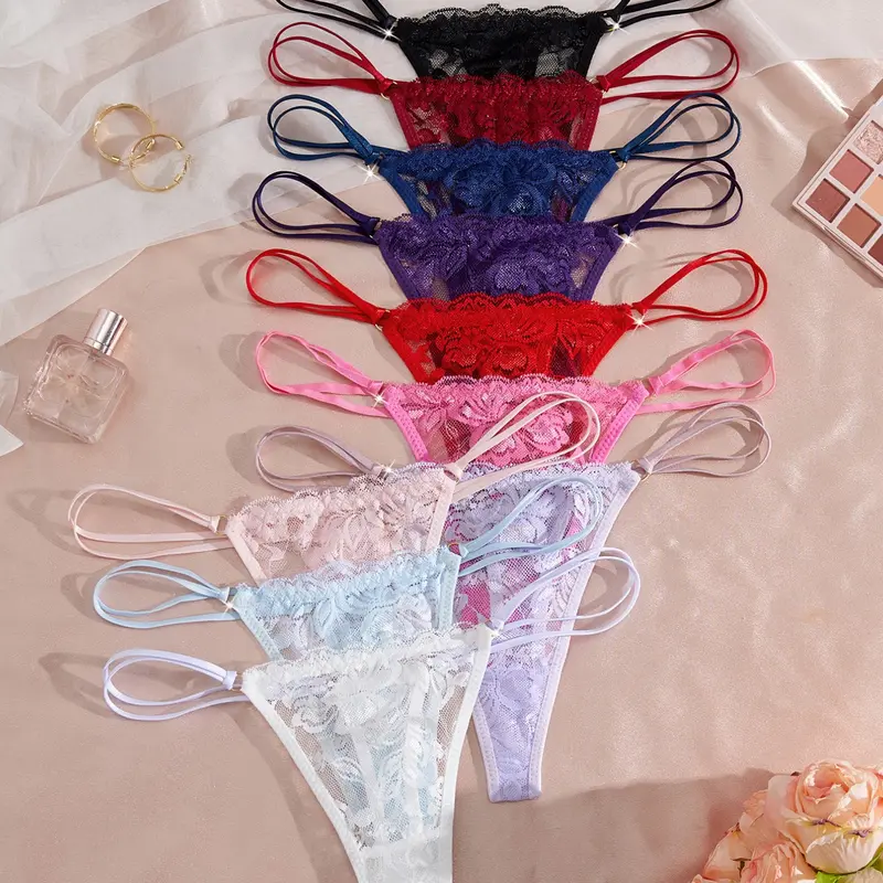 10 Pack Colorful Lace G-Strings for Women, Trim Lace Panty, Lingerie, Panties, Sexy Leaf Print Fitted Underwear, All Seasons Wear with Double-Sided Waist Straps, Fashion G String