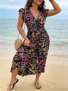 Plus Size Bohemian Summer Floral Dress, V Neck Waist Cinching, Long Flowy Comfortable, Casual Vacation Wear, Fashion Elegant Women's Clothing