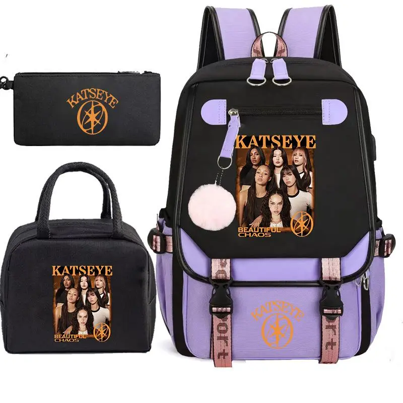 3 Piece Katseyes Beautiful Chaos Tour Graphic Laptop Backpack Set Color Block Travel School Bag with USB Port Lunch Bag Pencil Case