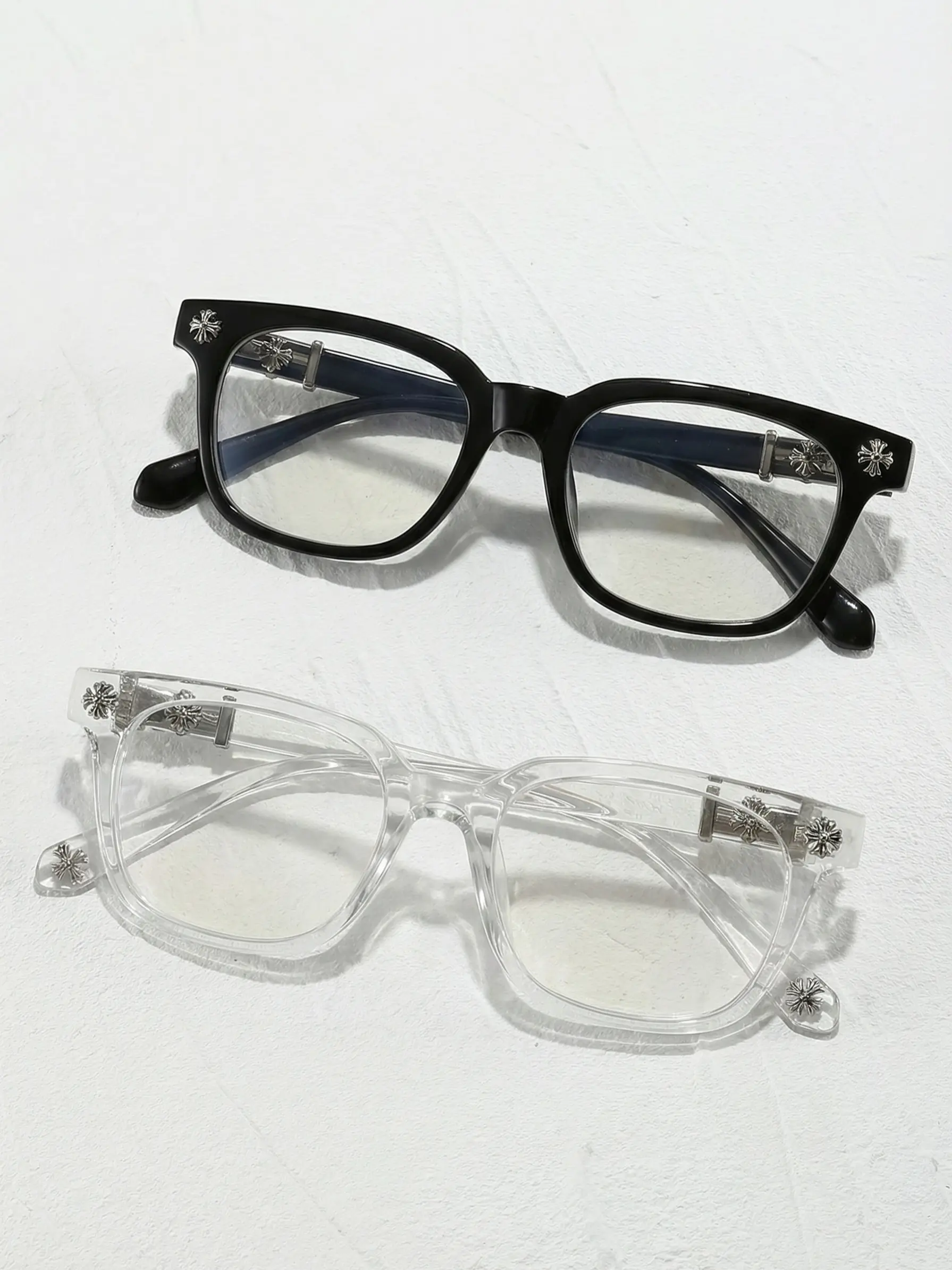 Classic Square Anti-Blue Light Glasses, Cross Flower Rivet Design, Vintage Street Style, Fashion Glasses, Casual Stylish Glasses, Dual Color Options, Unisex Computer Phone Eyewear, Square Lens Eyeglasses