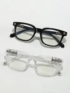 Classic Square Anti-Blue Light Glasses, Cross Flower Rivet Design, Vintage Street Style, Dual Color Options, Unisex Computer Phone Eyewear