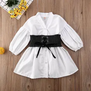 Kids Toddler Baby Girls Shirt Dress Solid Color Long Puff Sleeve Shirt Collar Button Elastic Waist Dress with Belt